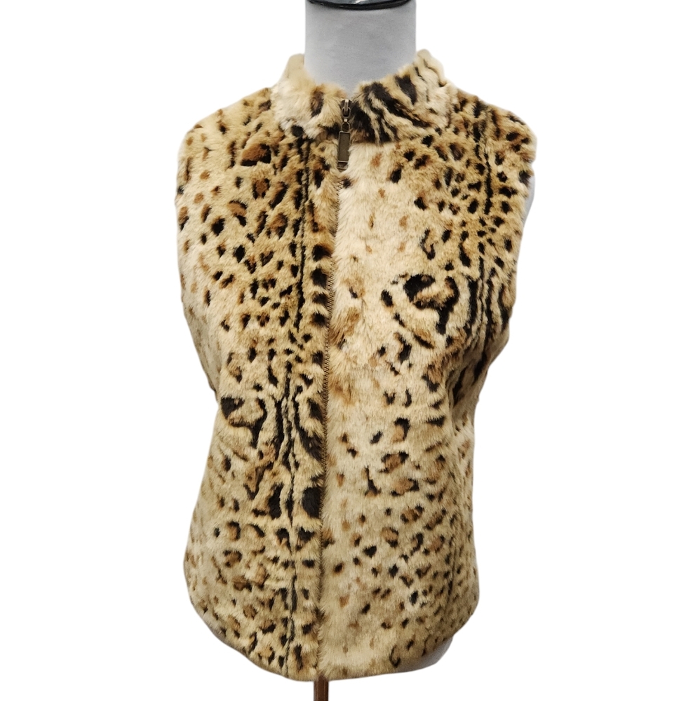 Designers Originals Faux Fur Leopard Print Zip Vest Size Petite Medium PM